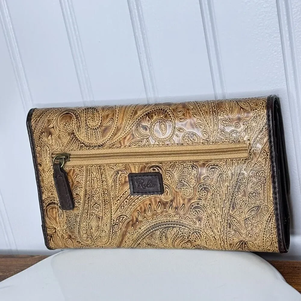 Relic TriFold Wallet Checkbook Insert Brown Paisley Saddle Tooled Leather Boho